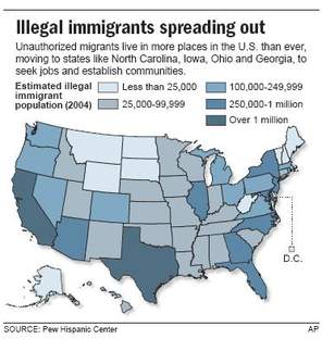Illegal immigration part two.  A map shows the states and the amount of illegal immigrants in each state.

